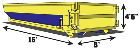 15 yard roll-off dumpster, 16 feet long, 8 feet wide, 4 feet 6 inches tall