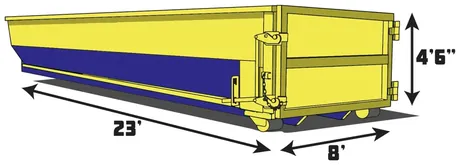 20 yard roll-off dumpster, 23 feet long, 8 feet wide, 4 feet 6 inches tall