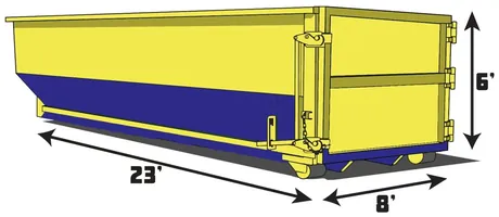 30 yard roll-off dumpster, 23 feet long, 8 feet wide, 6 feet tall